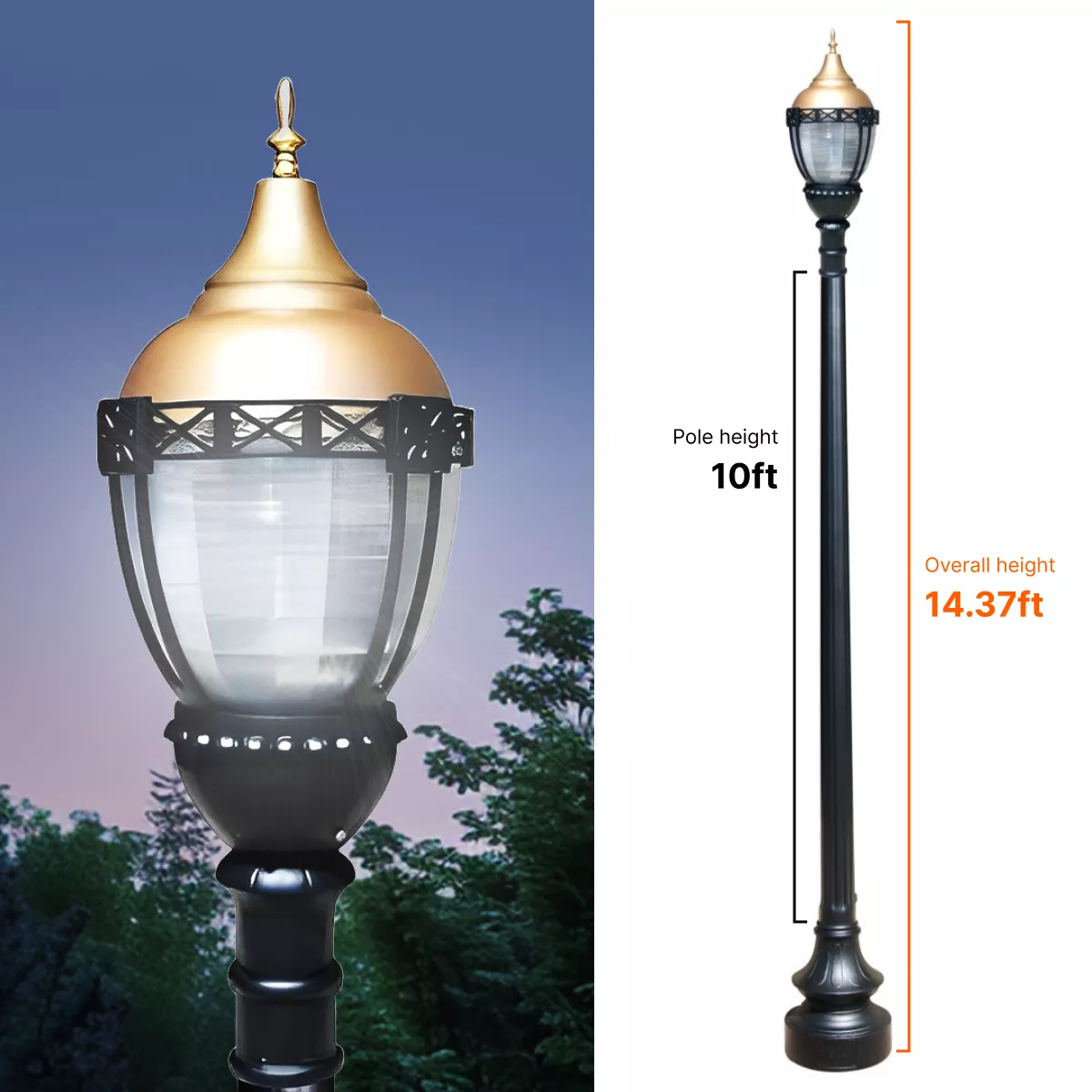 Premier Municipal Quality LED Street Light Fixture, 10ft Pole, and Pedestal Combo with Gold Globe