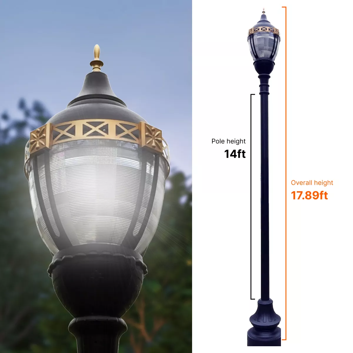 Premier Municipal Quality LED Street Light Fixture, 14ft Pole, and Pedestal Combo with Gold Trim
