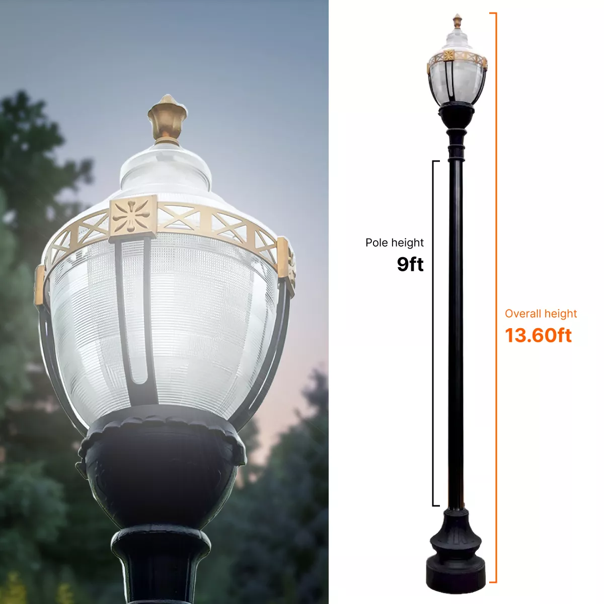 Newport Style Municipal Quality LED Street Light Fixture, 9 Feet Pole , and Pedestal Combo with Gold Trim