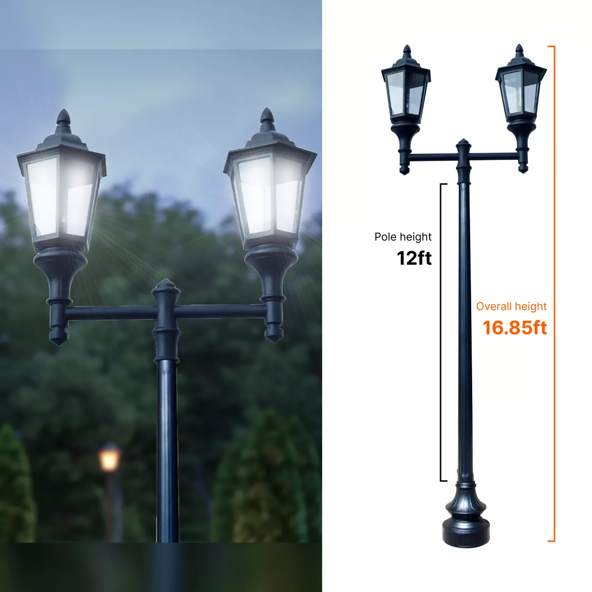 Double Lantern Style Municipal Quality LED Street Light Fixture, 12ft Pole, and Pedestal Combo