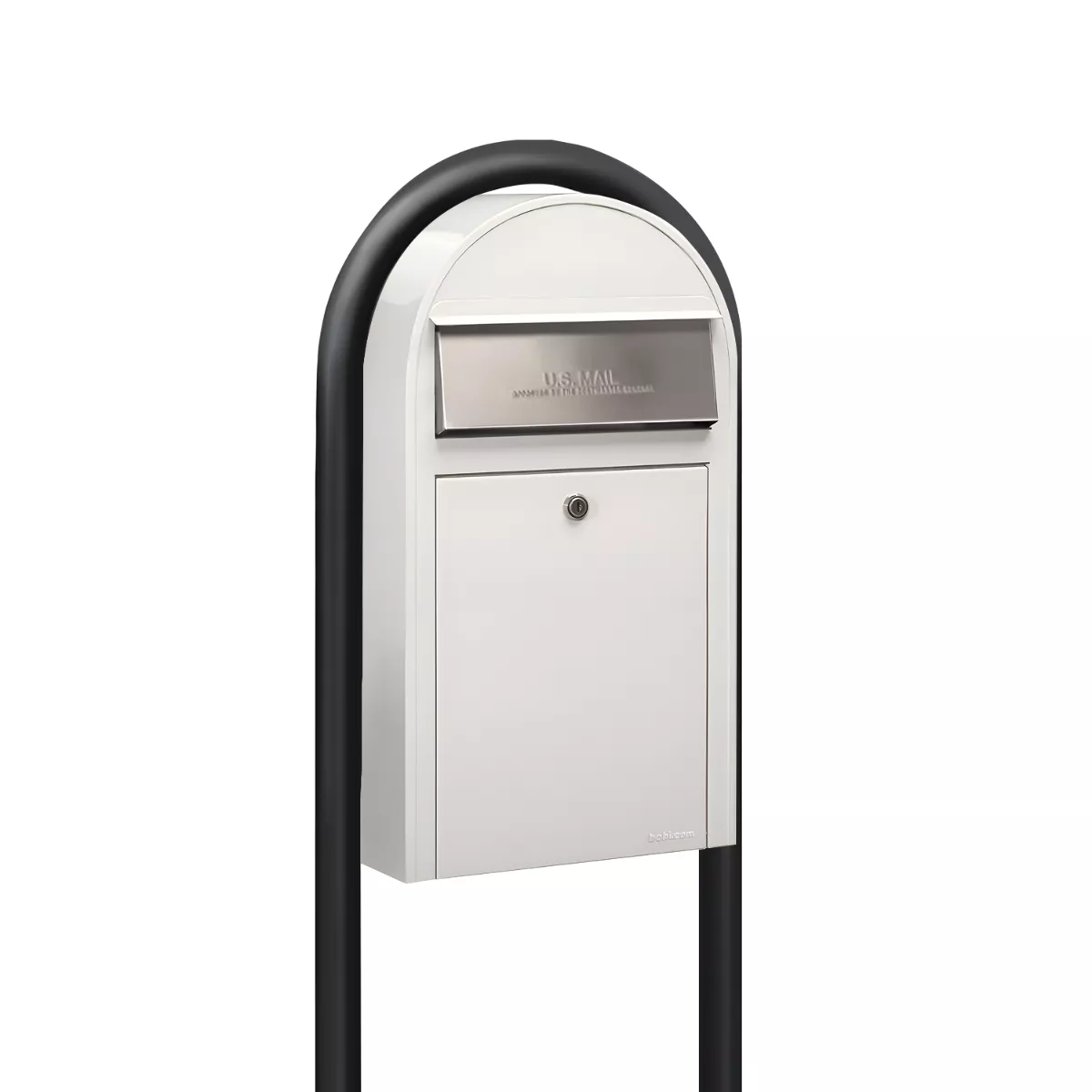 Bobi Grande Slim Front Access White Mailbox with Stainless Steel Mail Slot and Round Black Post Combo