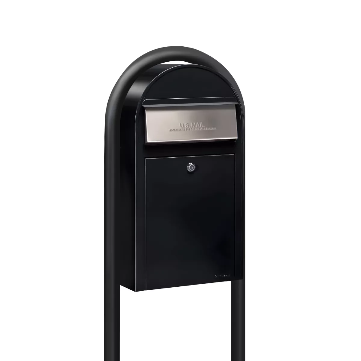 Bobi Grande Slim Front Access Black Mailbox with Stainless Steel Mail Slot and Round Black Post Combo