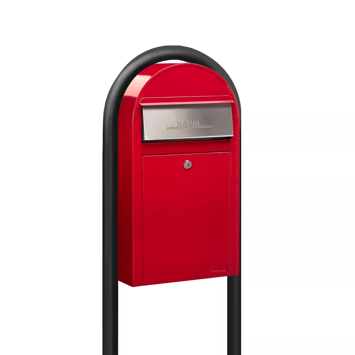 Bobi Grande Slim Front Access Red Mailbox with Stainless Steel Mail Slot and Round Black Post Combo