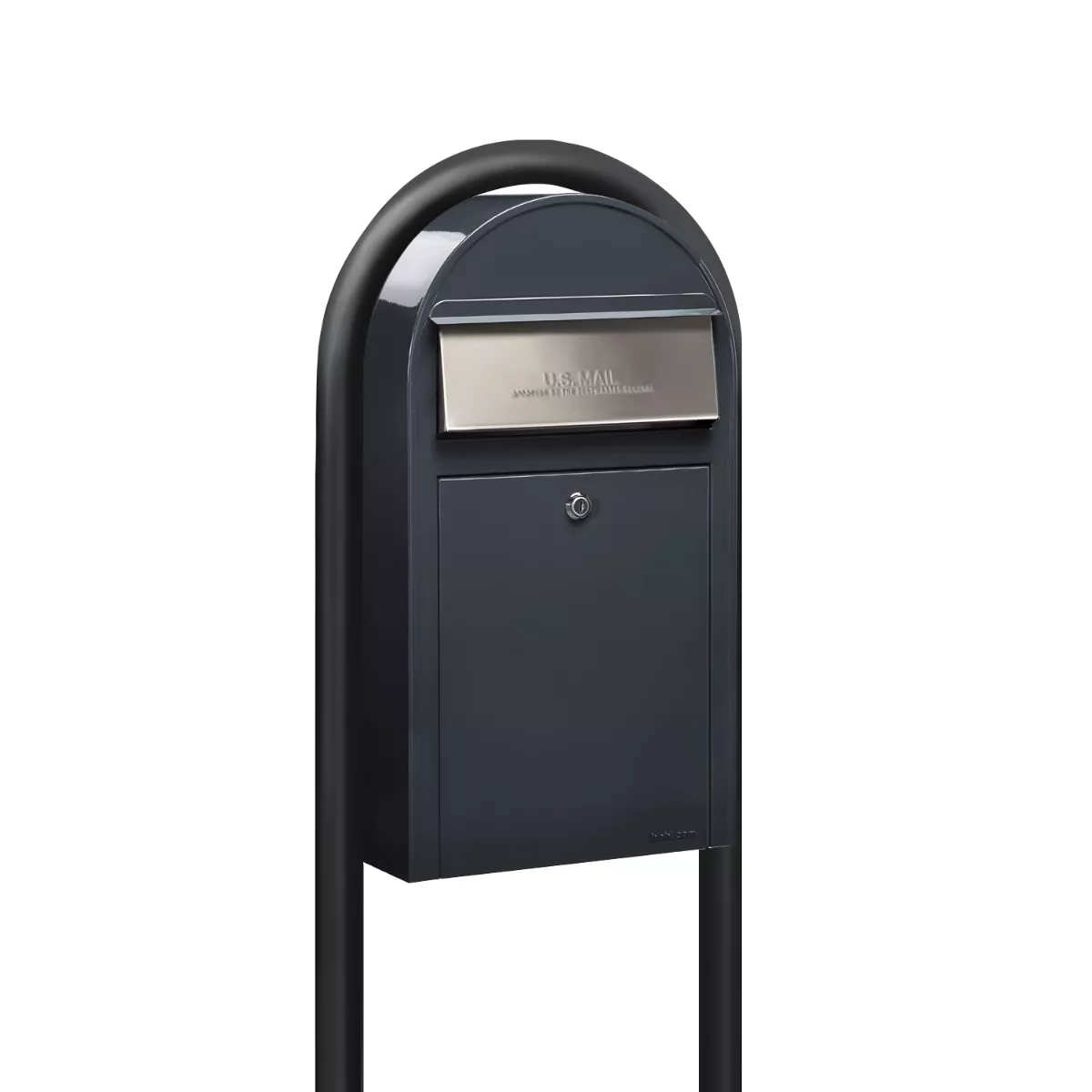 Bobi Grande Slim Front Access Grey Mailbox with Stainless Steel Mail Slot and Round Black Post Combo