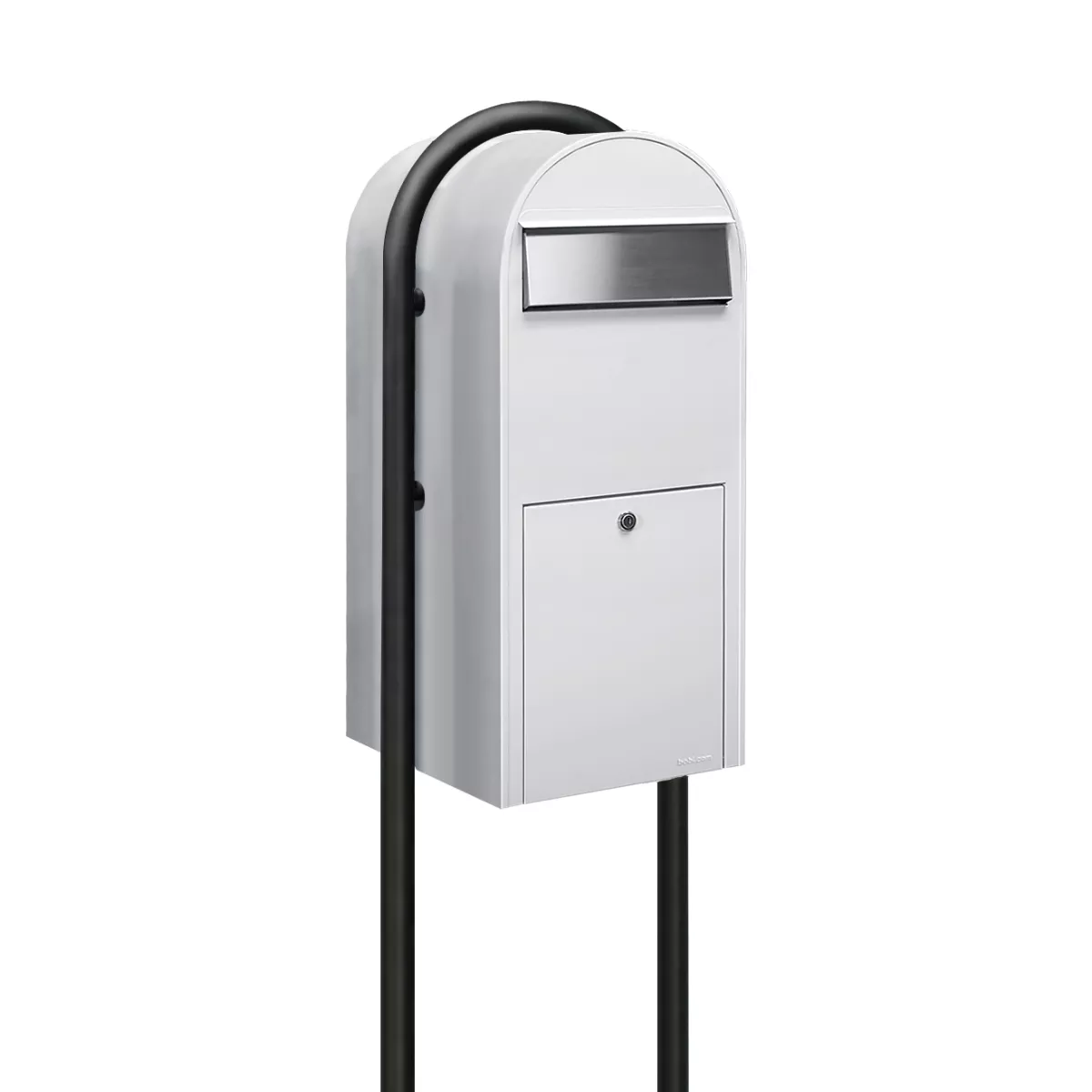 Bobi Jumbo Front Access Package White Mailbox with Stainless Steel Mail Slot and Round Black Post Combo