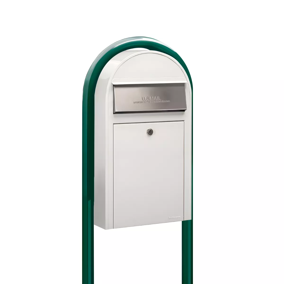 Bobi Grande Slim Front Access White Mailbox with Stainless Steel Mail Slot and Round Green Post Combo