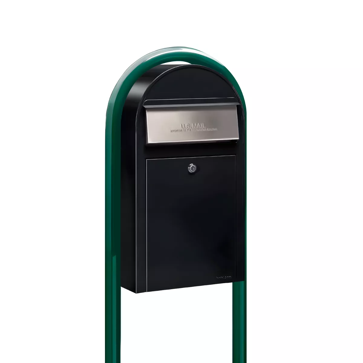 Bobi Grande Slim Front Access Black Mailbox with Stainless Steel Mail Slot and Round Green Post Combo