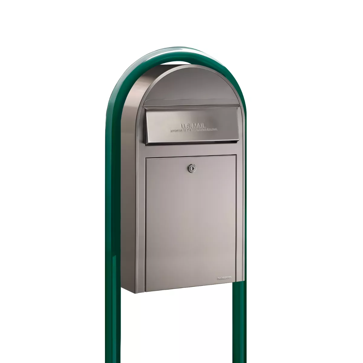 Bobi Grande Slim Front Access Stainless Steel Mailbox with Round Green Post Combo