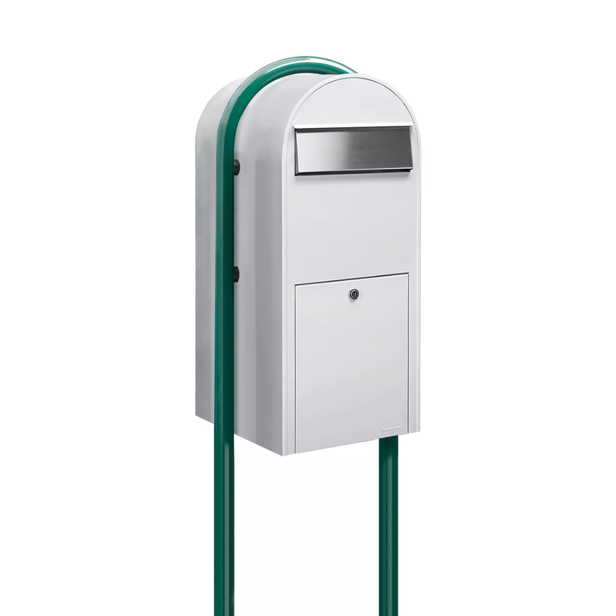 Bobi Jumbo Front Access Package White Mailbox with Stainless Steel Mail Slot and Round Green Post Combo