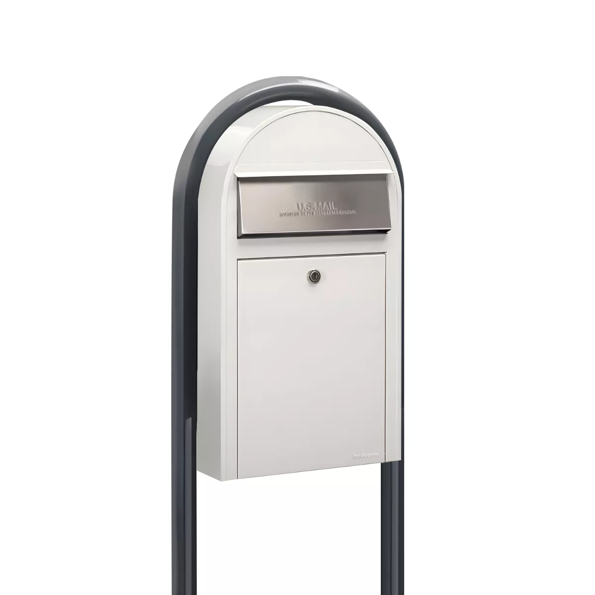 Bobi Grande Slim Front Access White Mailbox with Stainless Steel Mail Slot and Round Grey Post Combo