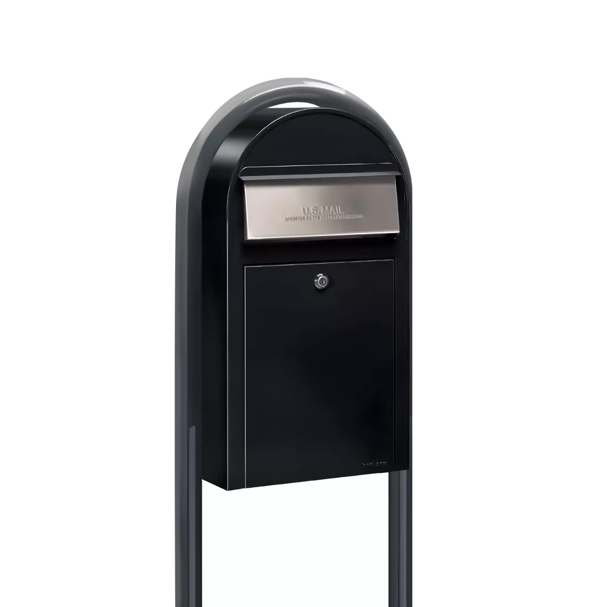 Bobi Grande Slim Front Access Black Mailbox with Stainless Steel Mail Slot and Round Grey Post Combo