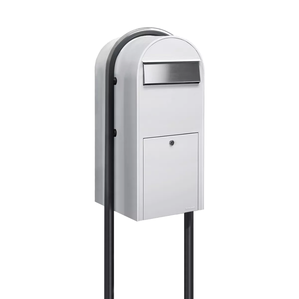 Bobi Jumbo Front Access Package White Mailbox with Stainless Steel Mail Slot and Round Grey Post Combo