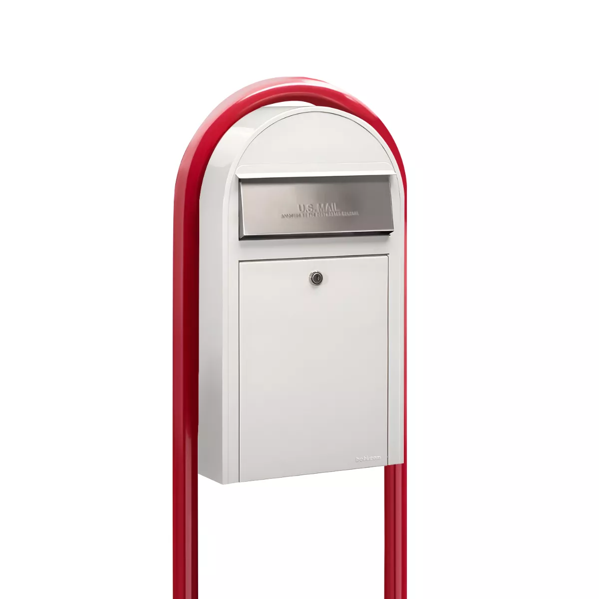 Bobi Grande Slim Front Access White Mailbox with Stainless Steel Mail Slot and Round Red Post Combo