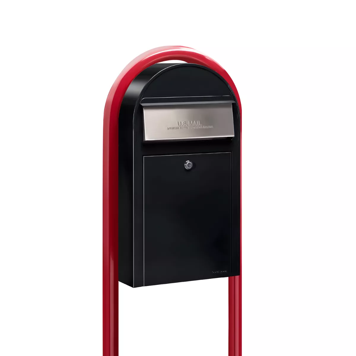 Bobi Grande Slim Front Access Black Mailbox with Stainless Steel Mail Slot and Round Red Post Combo