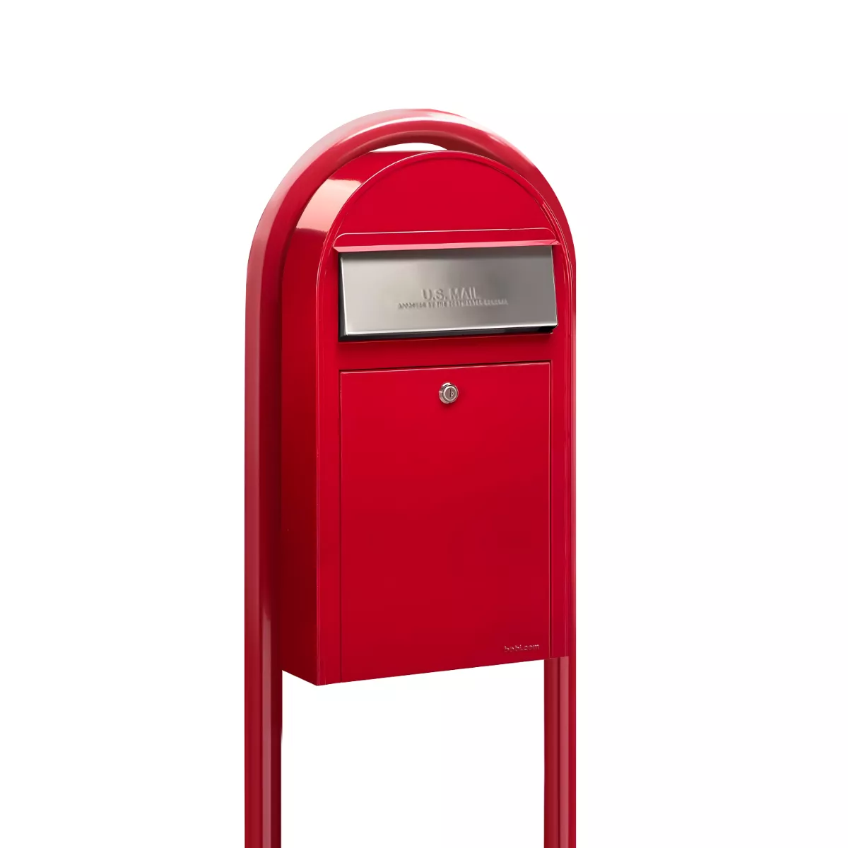 Bobi Grande Slim Front Access Red Mailbox with Stainless Steel Mail Slot and Round Red Post Combo