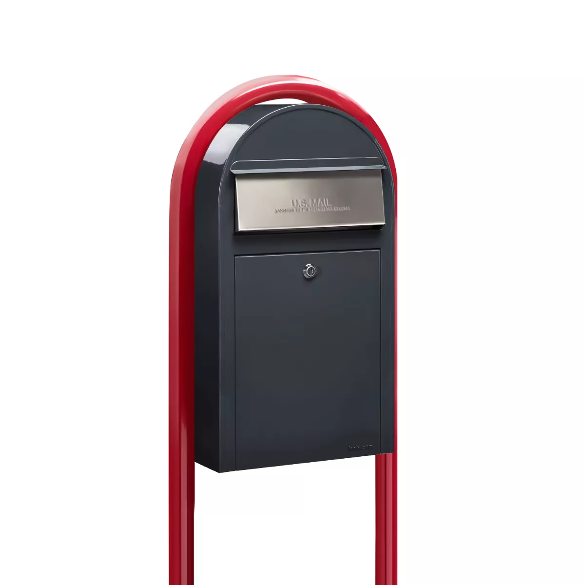 Bobi Grande Slim Front Access Grey Mailbox with Stainless Steel Mail Slot and Round Red Post Combo