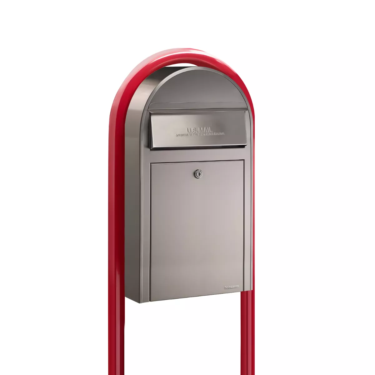 Bobi Grande Slim Front Access Stainless Steel Mailbox with Round Red Post Combo