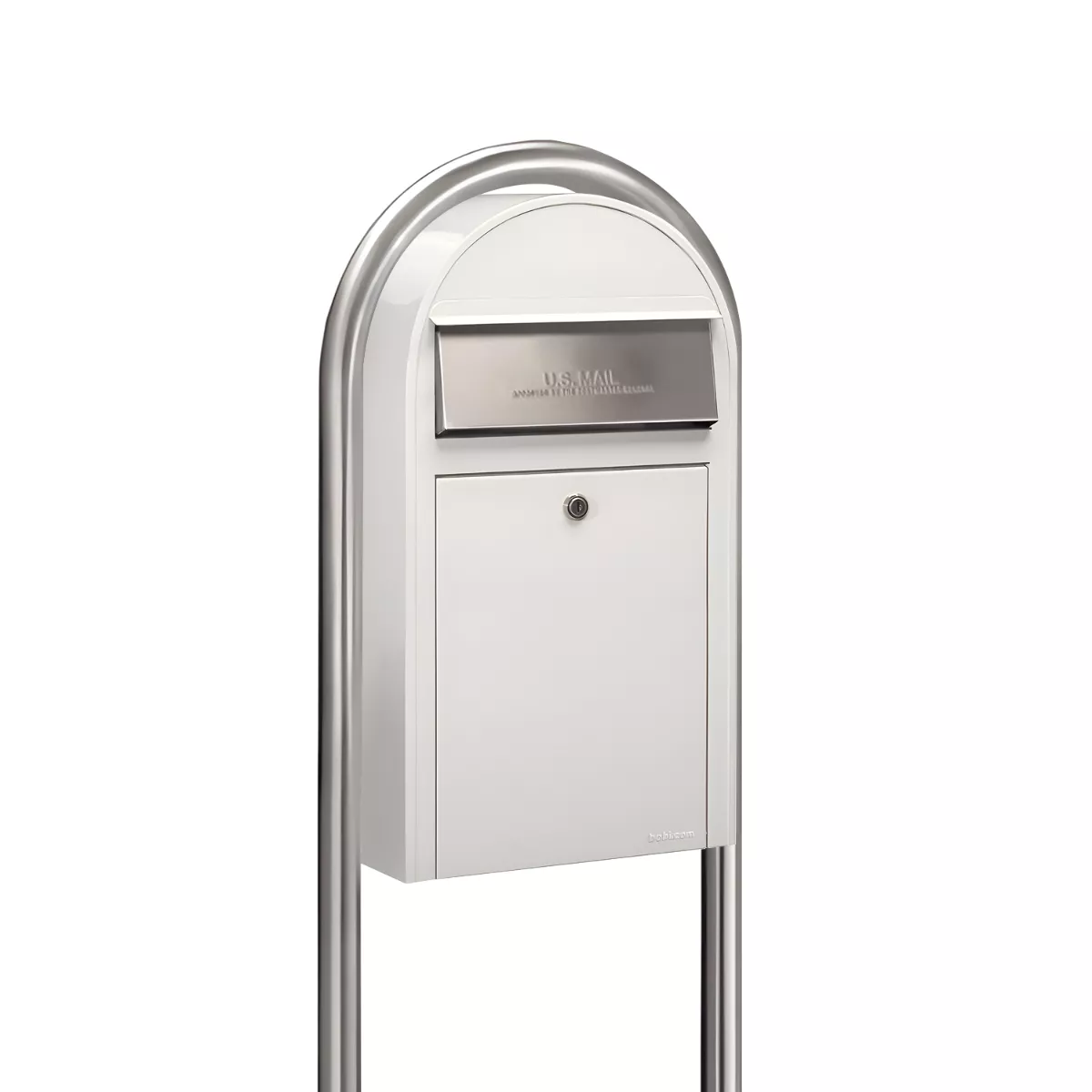 Bobi Grande Slim Front Access White Mailbox with Round Stainless Steel Post Combo