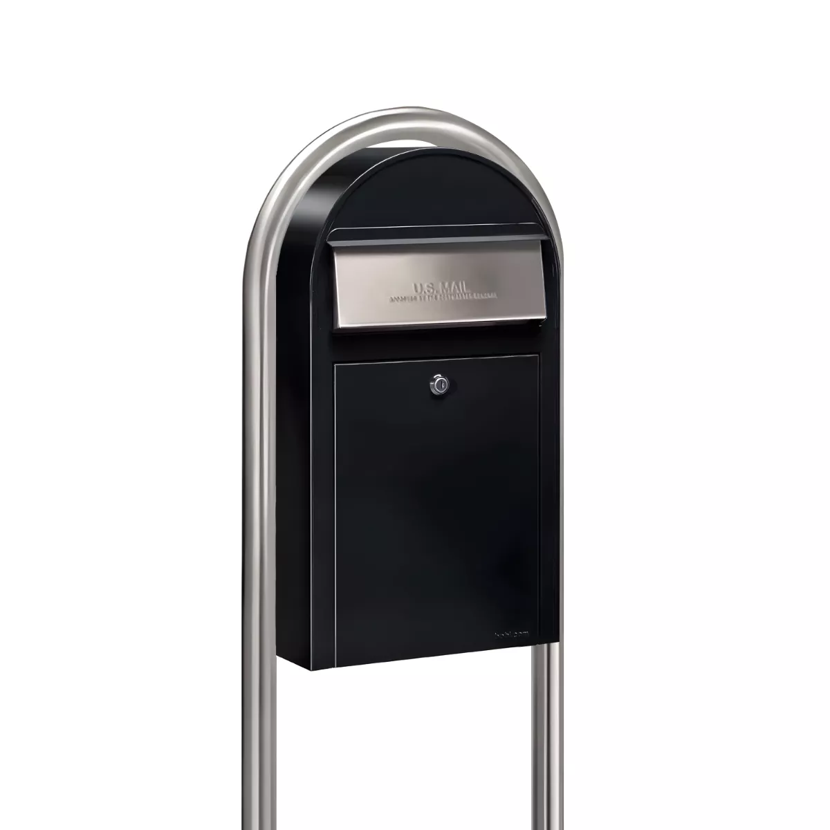 Bobi Grande Slim Front Access Black Mailbox with Round Stainless Steel Post Combo
