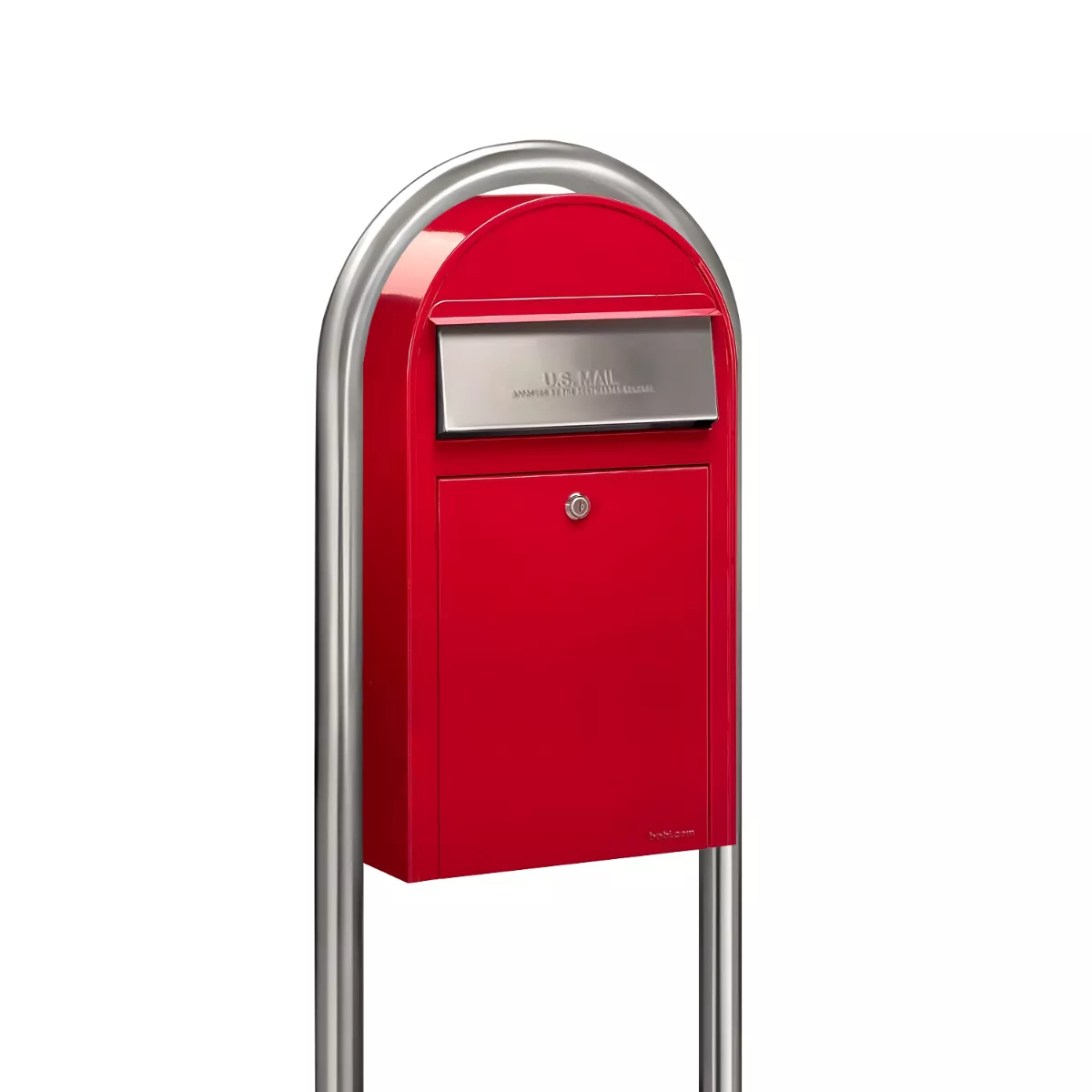 Bobi Grande Slim Front Access Red Mailbox with Round Stainless Steel Post Combo