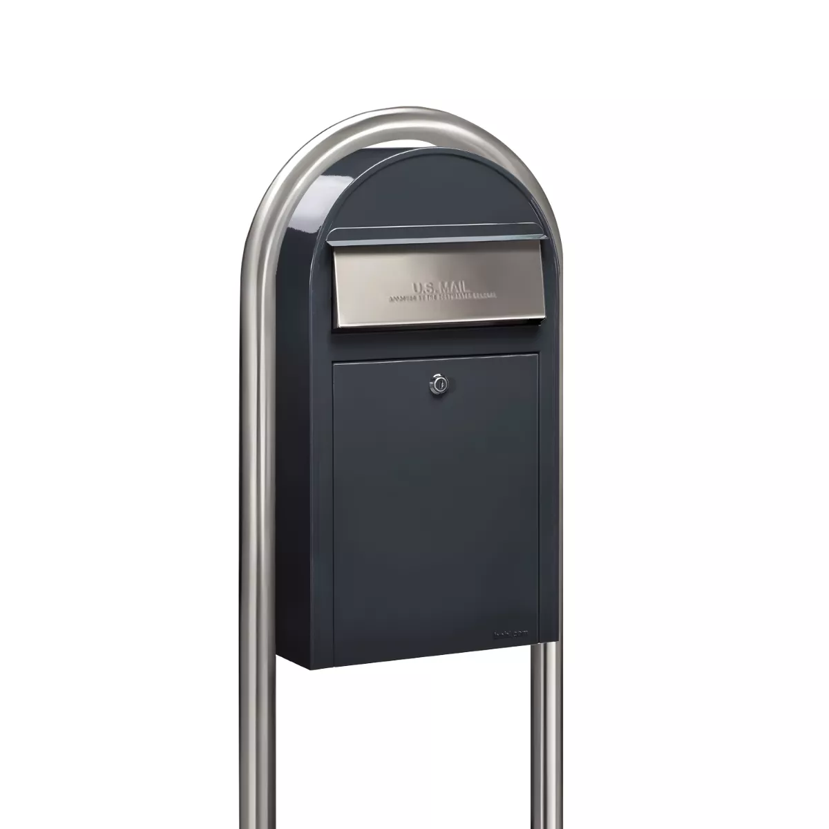 Bobi Grande Slim Front Access Grey Mailbox with Round Stainless Steel Post Combo