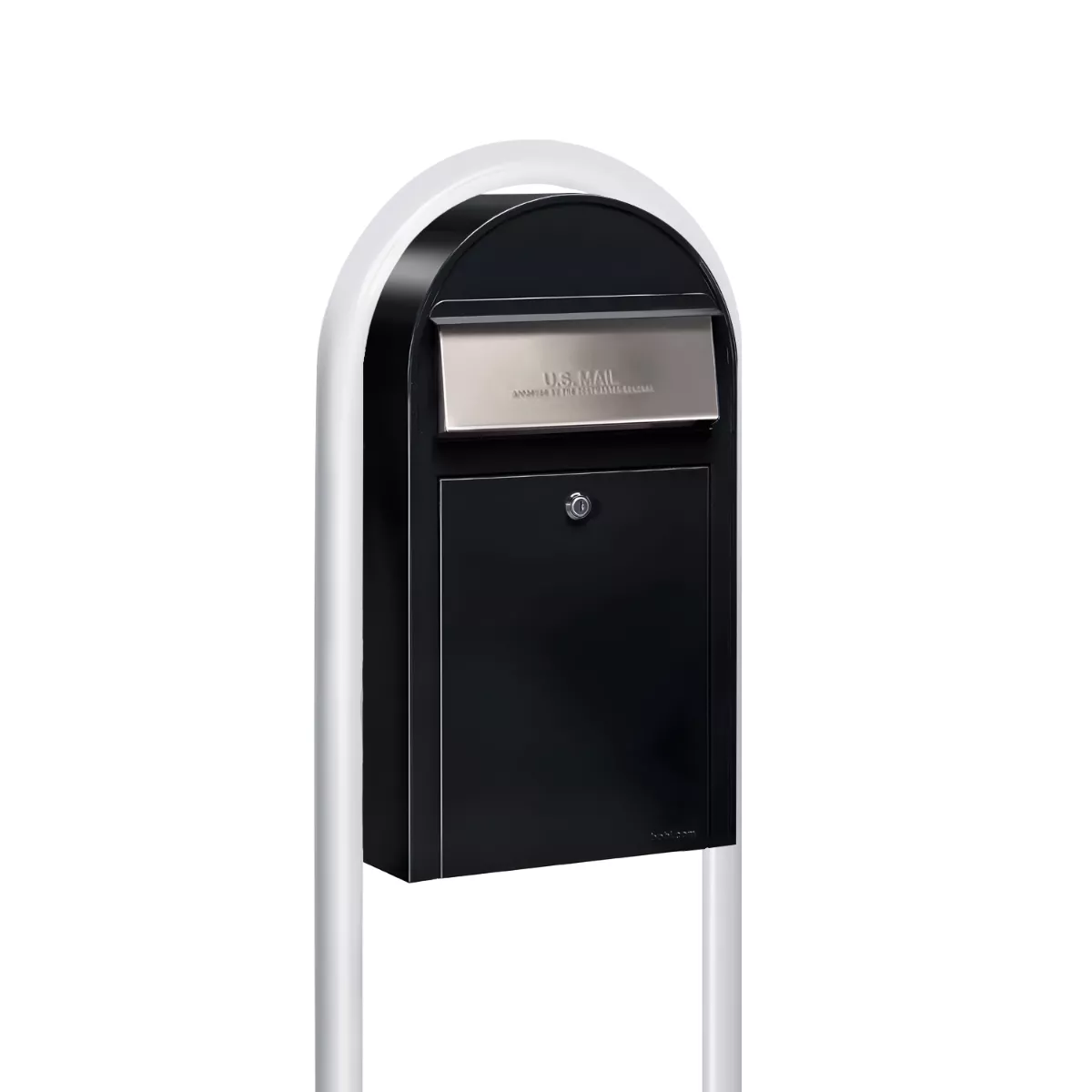 Bobi Grande Slim Front Access Black Mailbox with Stainless Steel Mail Slot and Round White Post Combo