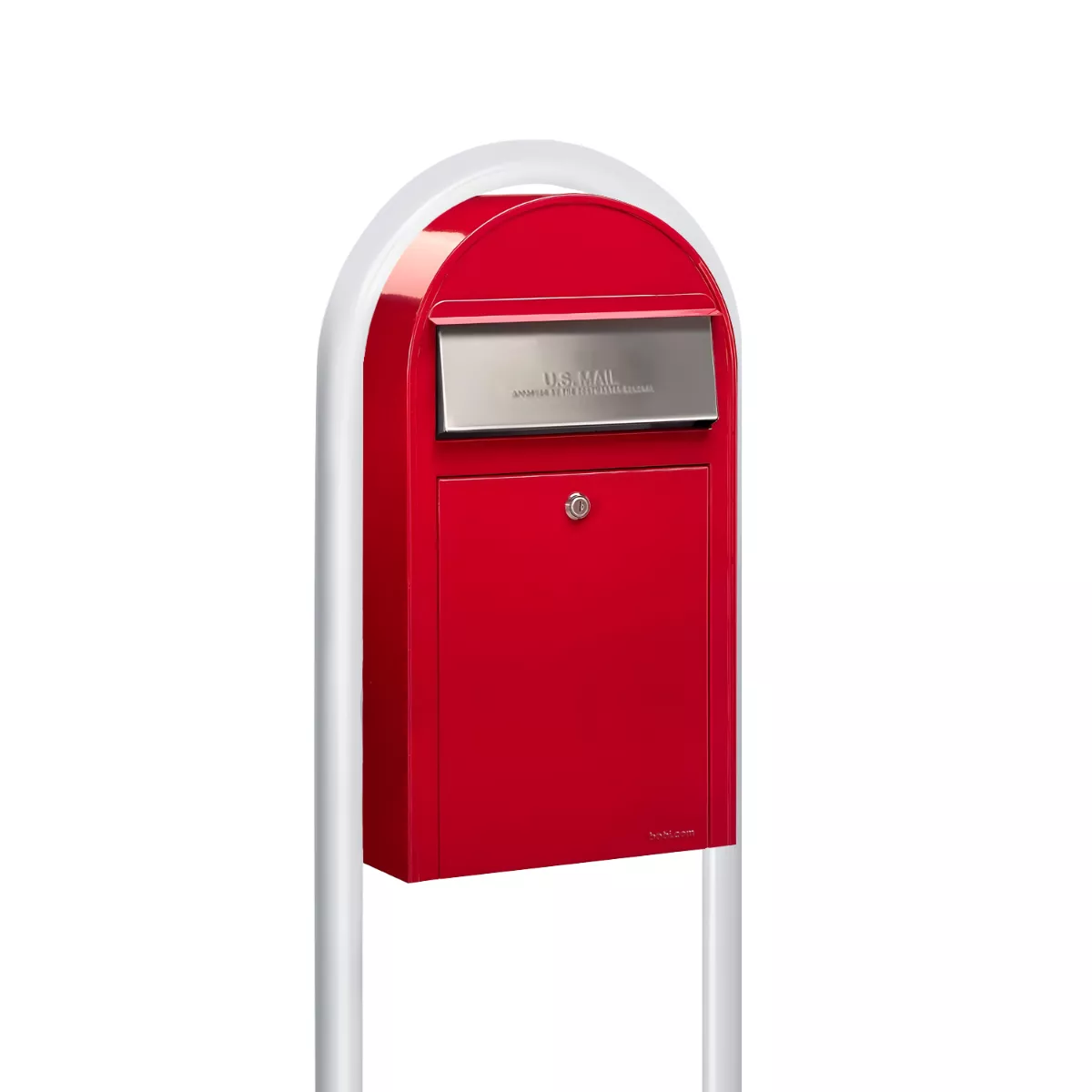 Bobi Grande Slim Front Access Red Mailbox with Stainless Steel Mail Slot and Round White Post Combo
