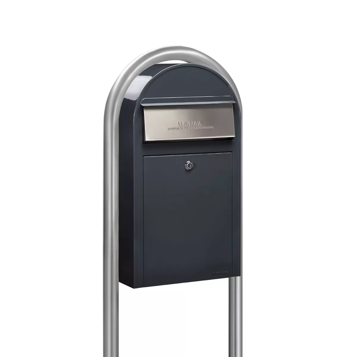 Bobi Grande Slim Front Access Grey Mailbox with Stainless Steel Mail Slot and Round Zinc Post Combo