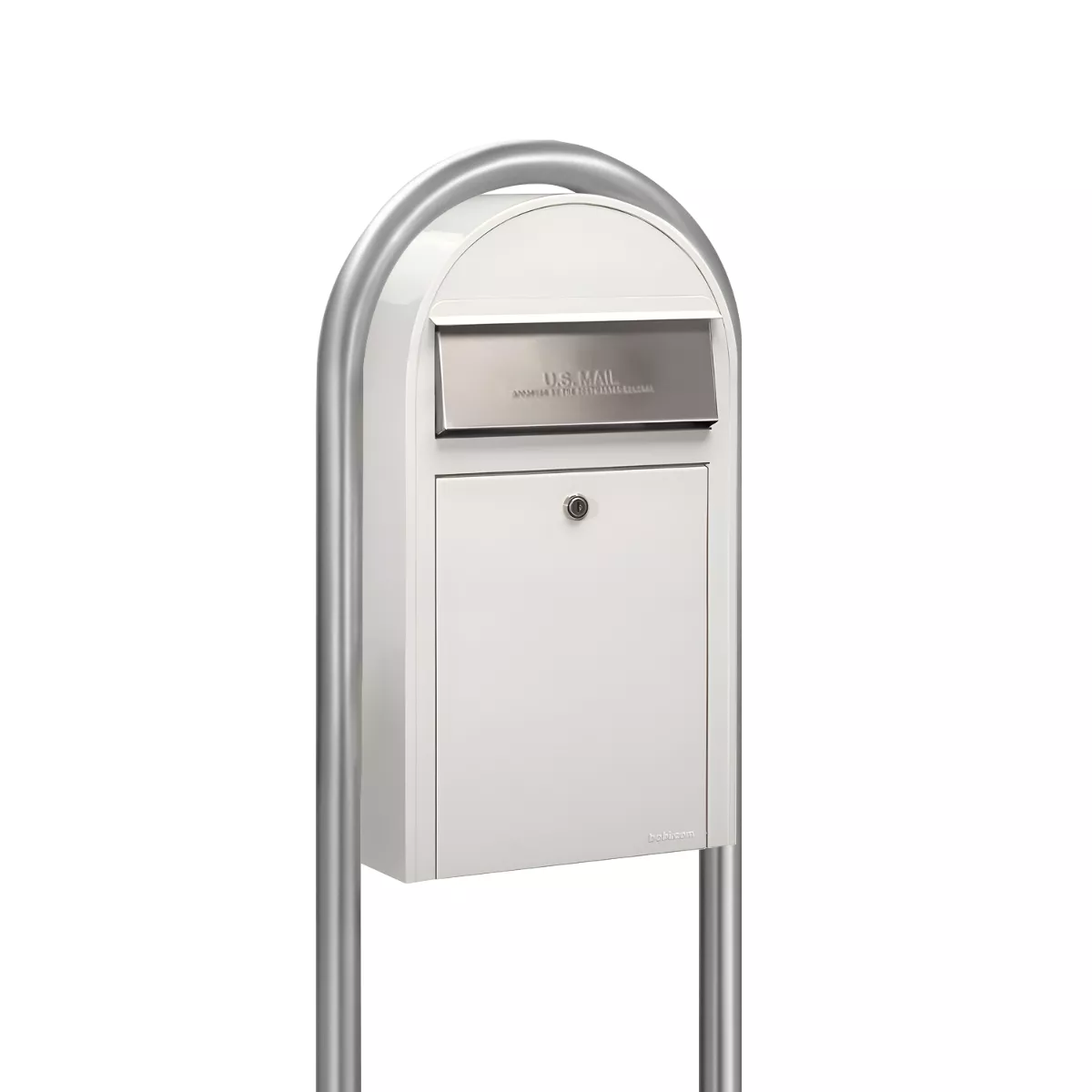 Bobi Grande Slim Front Access White Mailbox with Stainless Steel Mail Slot and Round Zinc Post Combo