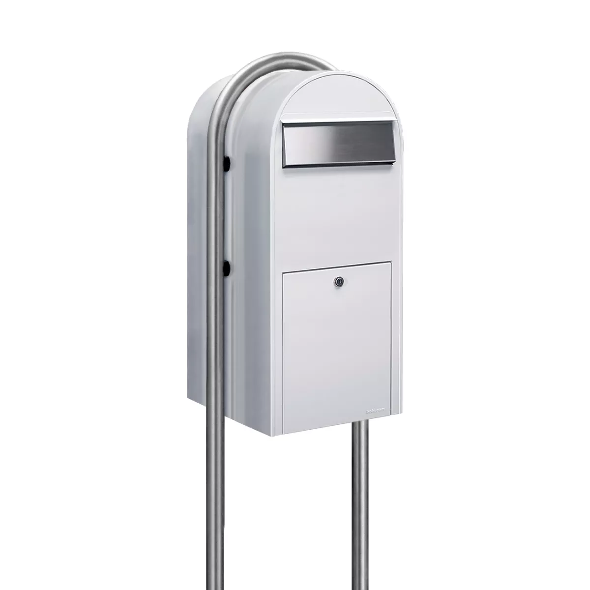 Bobi Jumbo Front Access Package White Mailbox with Stainless Steel Mail Slot and Round Zinc Post Combo