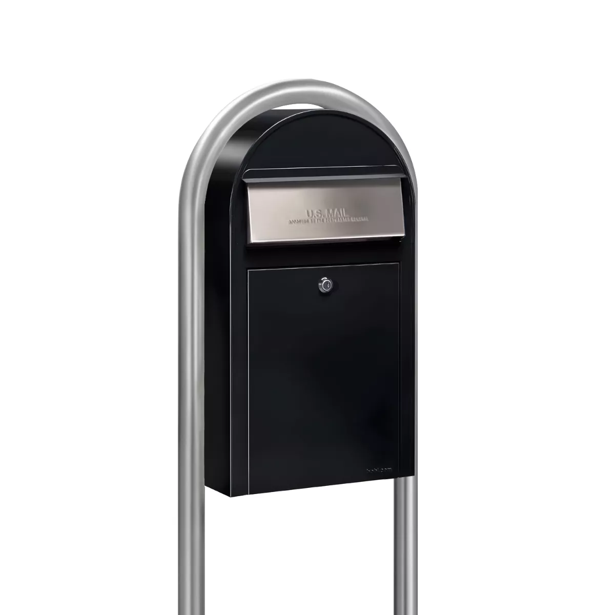 Bobi Grande Slim Front Access Black Mailbox with Stainless Steel Mail Slot and Round Zinc Post Combo