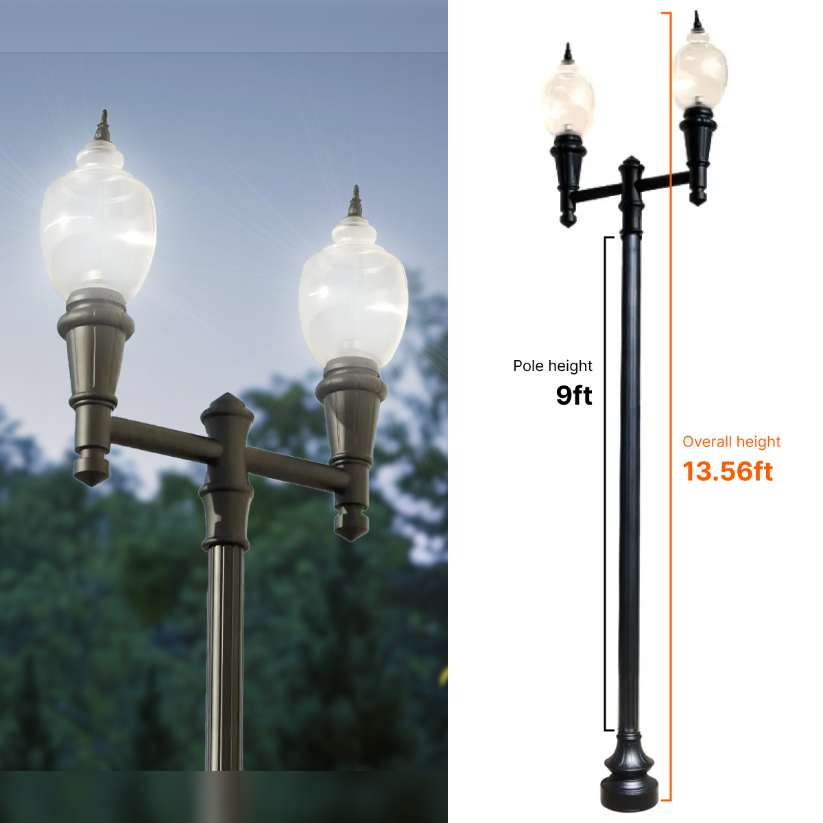 Double Head Municipal Quality LED Street Light Fixture, Pole, and Pedestal Combo With 9 Feet Pole