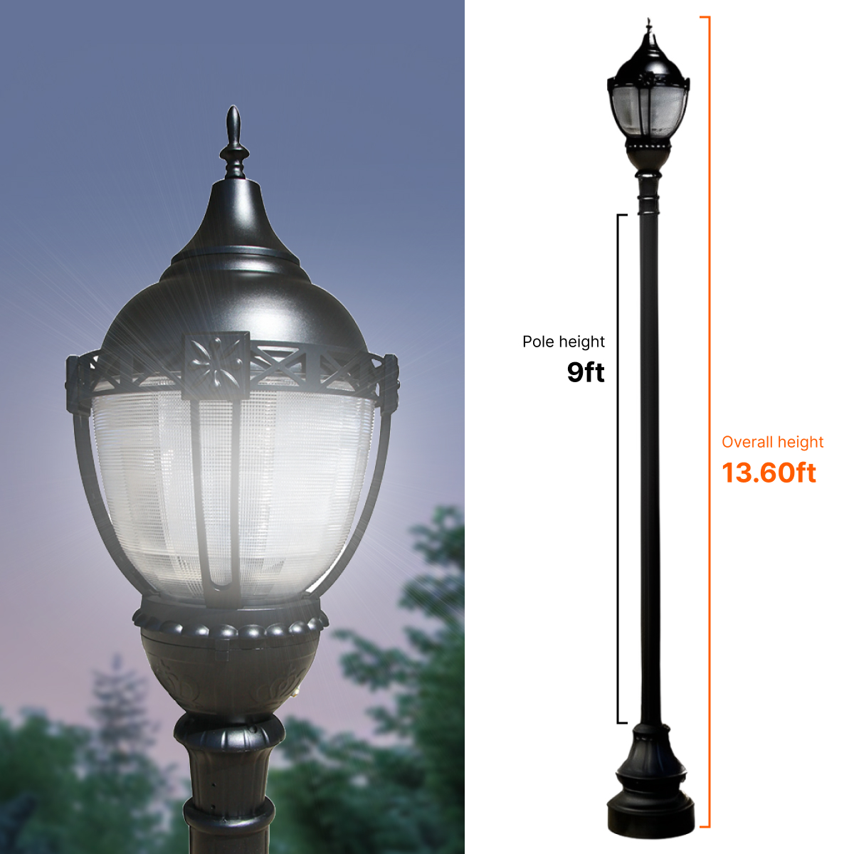 Premier Municipal Quality LED Street Light Fixture, 9ft Pole, and Pedestal Combo