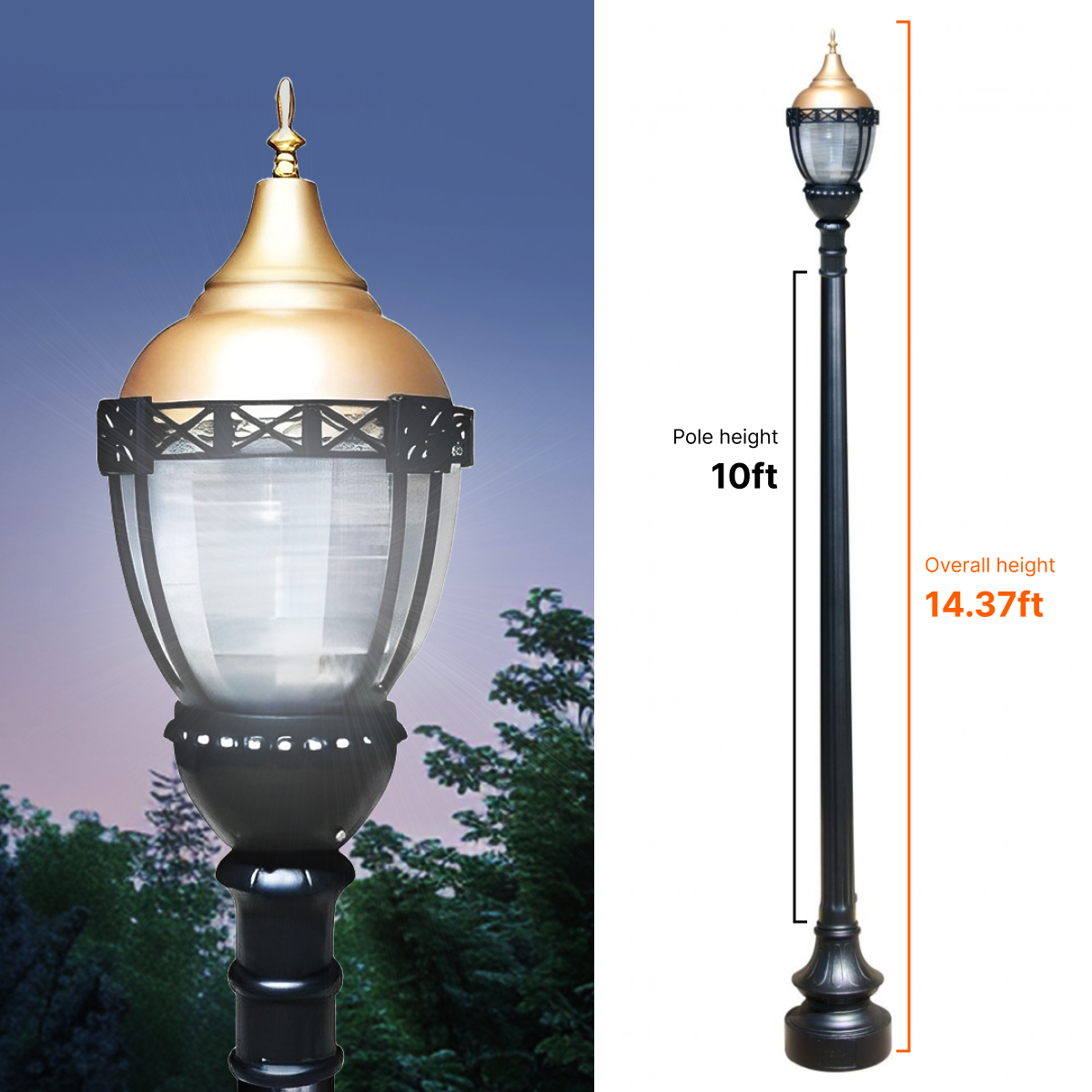 Premier Municipal Quality LED Street Light Fixture, 10ft Pole, and Pedestal Combo with Gold Globe