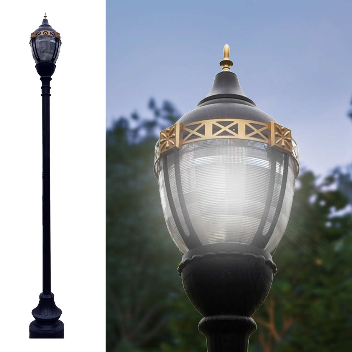 Premier Municipal Quality LED Street Light Fixture Pole and Pedestal Combo with Gold Trim