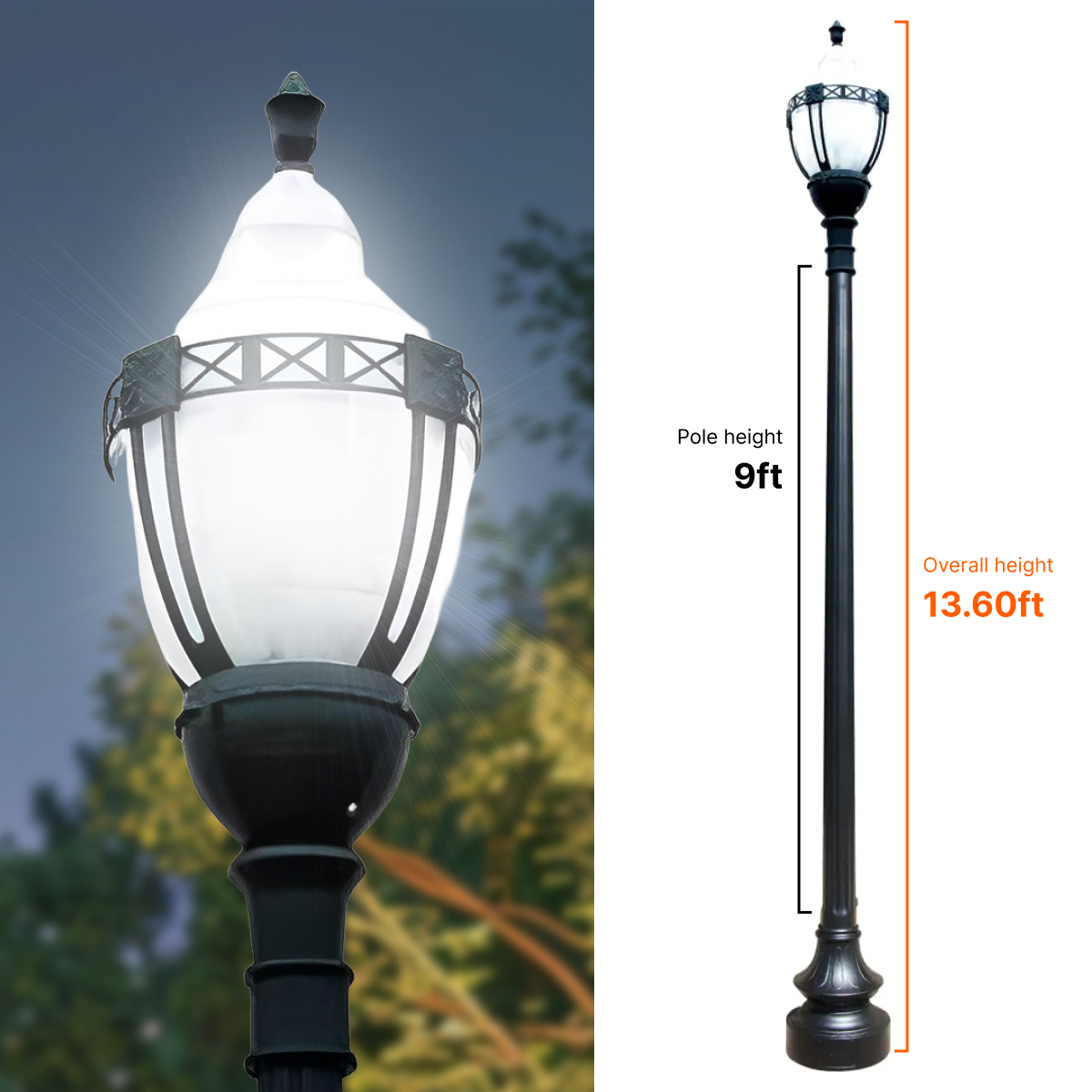 Premium Decorative Municipal Quality LED Street Light Fixture, Pole, and Pedestal Combo With 9 Feet Pole