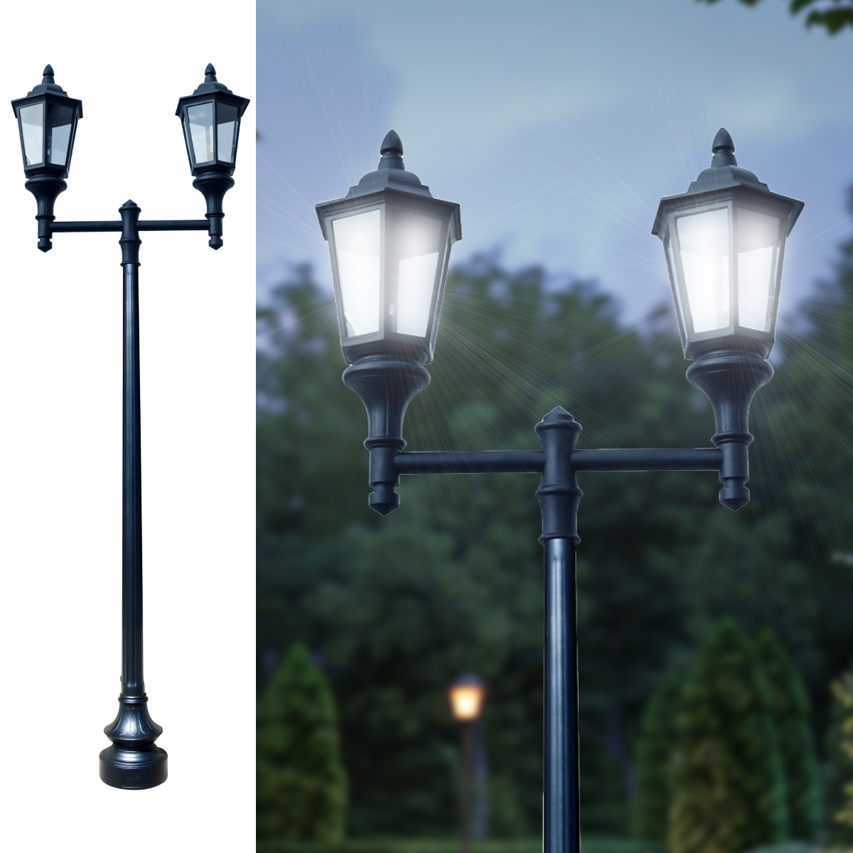 Double Lantern Style Municipal Quality LED Street Light Fixture Pole and Pedestal Combo