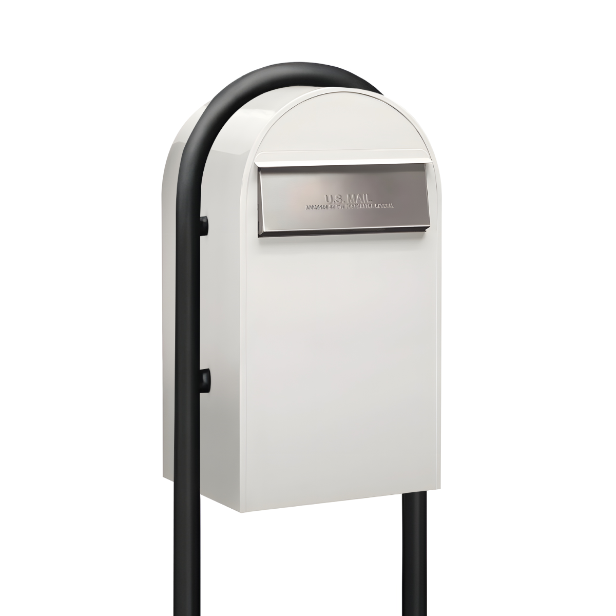 USPS Approved Bobi Grande B Rear Access Modern Locking White Mailbox with Round Black Post Combo - Stainless Steel Mail Slot – Secure Small Parcel Delivery