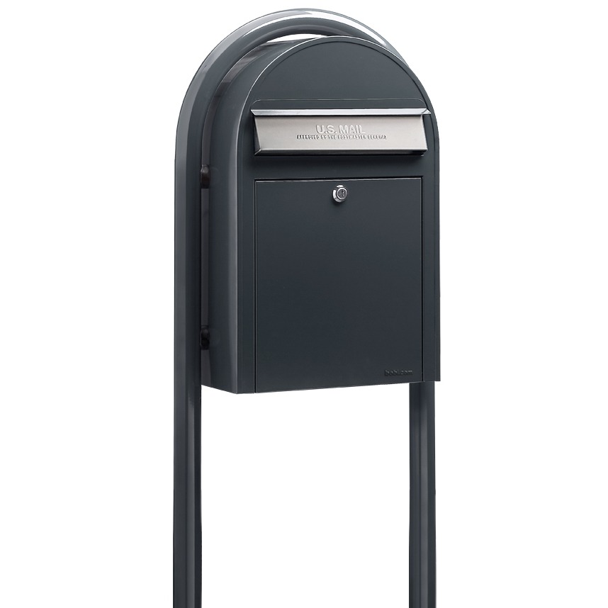 Bobi Classic Front Access Grey Mailbox with Stainless Steel Mail Slot and Round Grey Post Combo