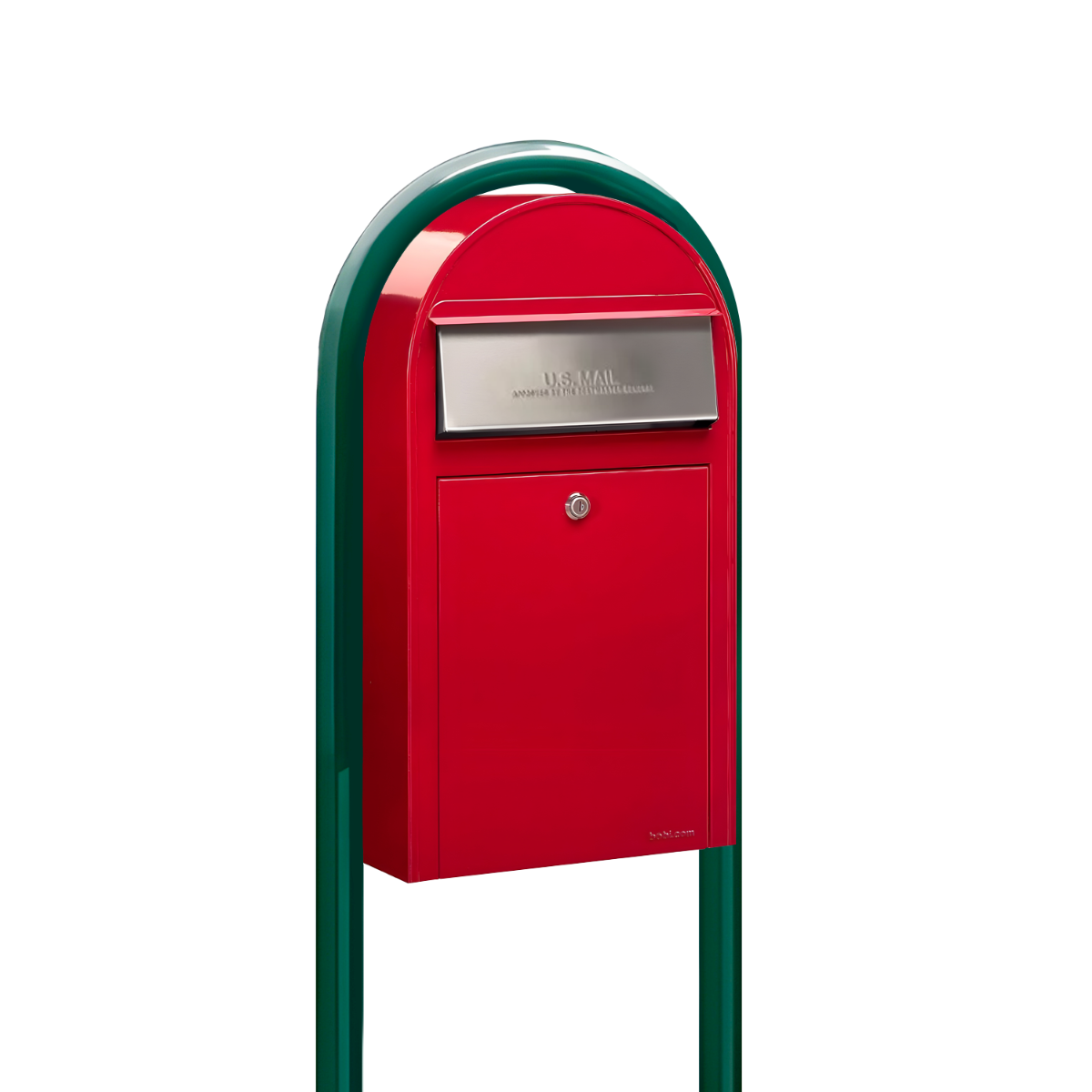 Bobi Grande Slim Front Access Red Mailbox with Stainless Steel Mail Slot and Round Green Post Combo
