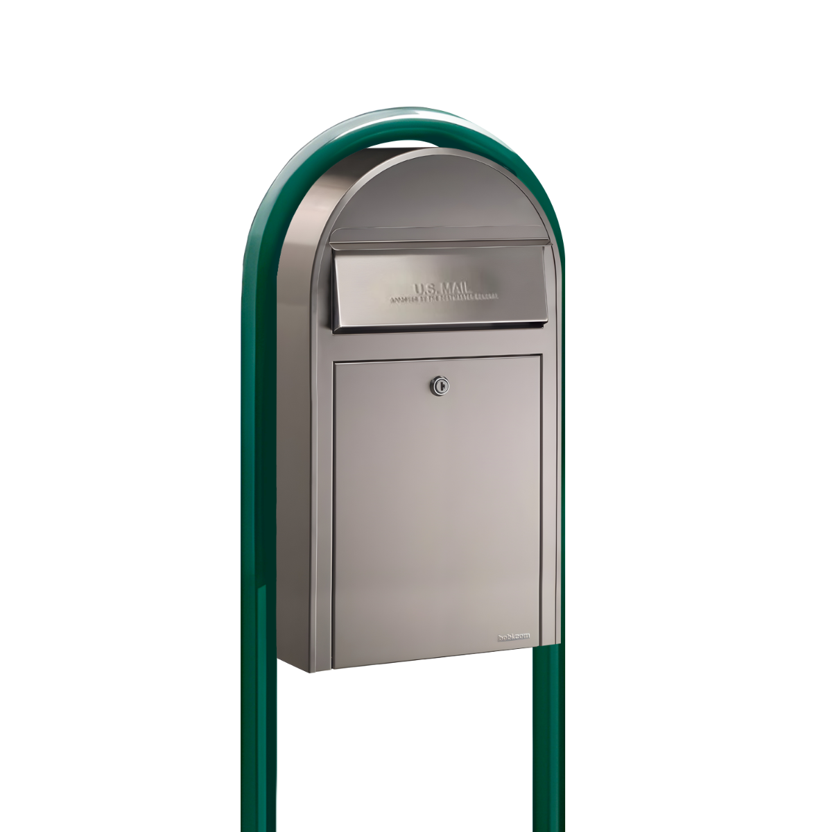 Bobi Grande Slim Front Access Stainless Steel Mailbox with Round Green Post Combo