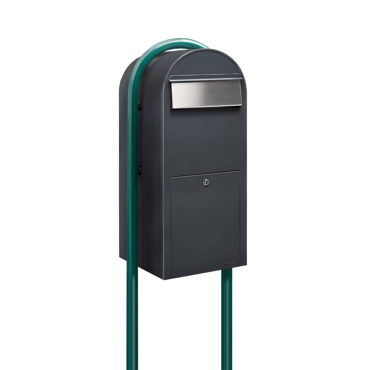 Bobi Jumbo Front Access Package Grey Mailbox with Stainless Steel Mail Slot and Round Green Post Combo