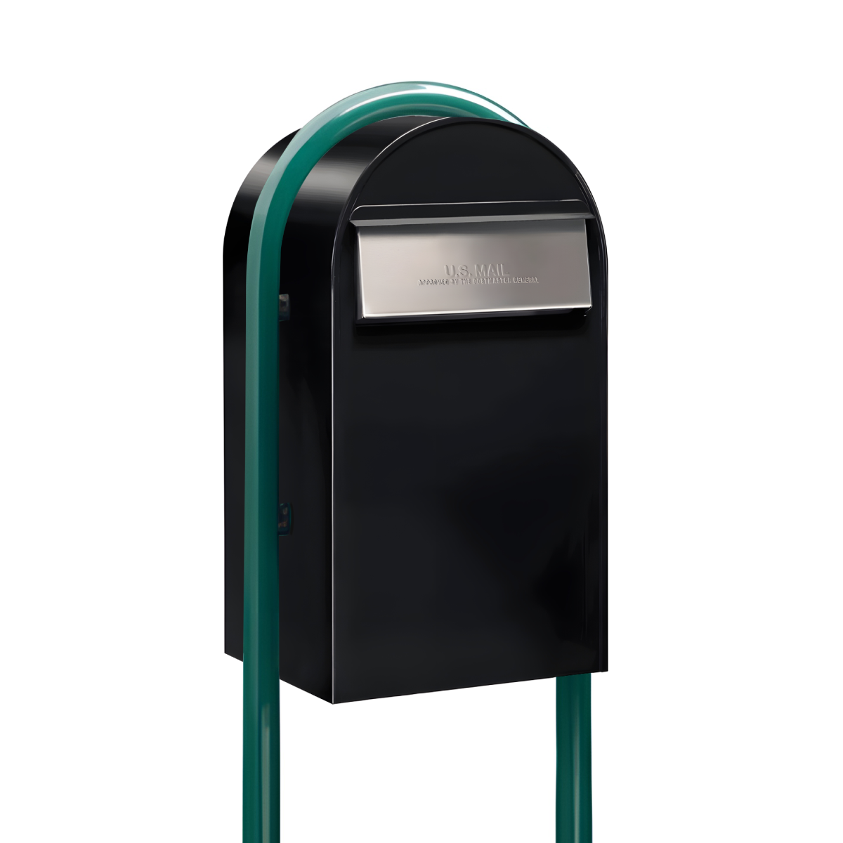 USPS Approved Bobi Grande B Rear Access Modern Locking Black Mailbox with Round Green Post Combo - Stainless Steel Mail Slot – Secure Small Parcel Delivery