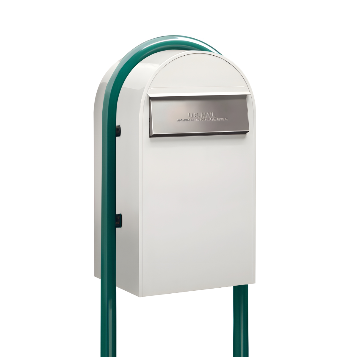 USPS Approved Bobi Grande B Rear Access Modern Locking White Mailbox with Round Green Post Combo - Stainless Steel Mail Slot –  Secure Small Parcel Delivery
