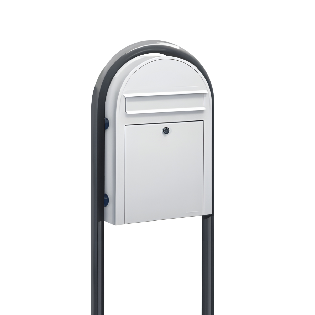 Bobi Classic Slim Front Access Modern Locking White Mailbox and Round Grey Post Combo