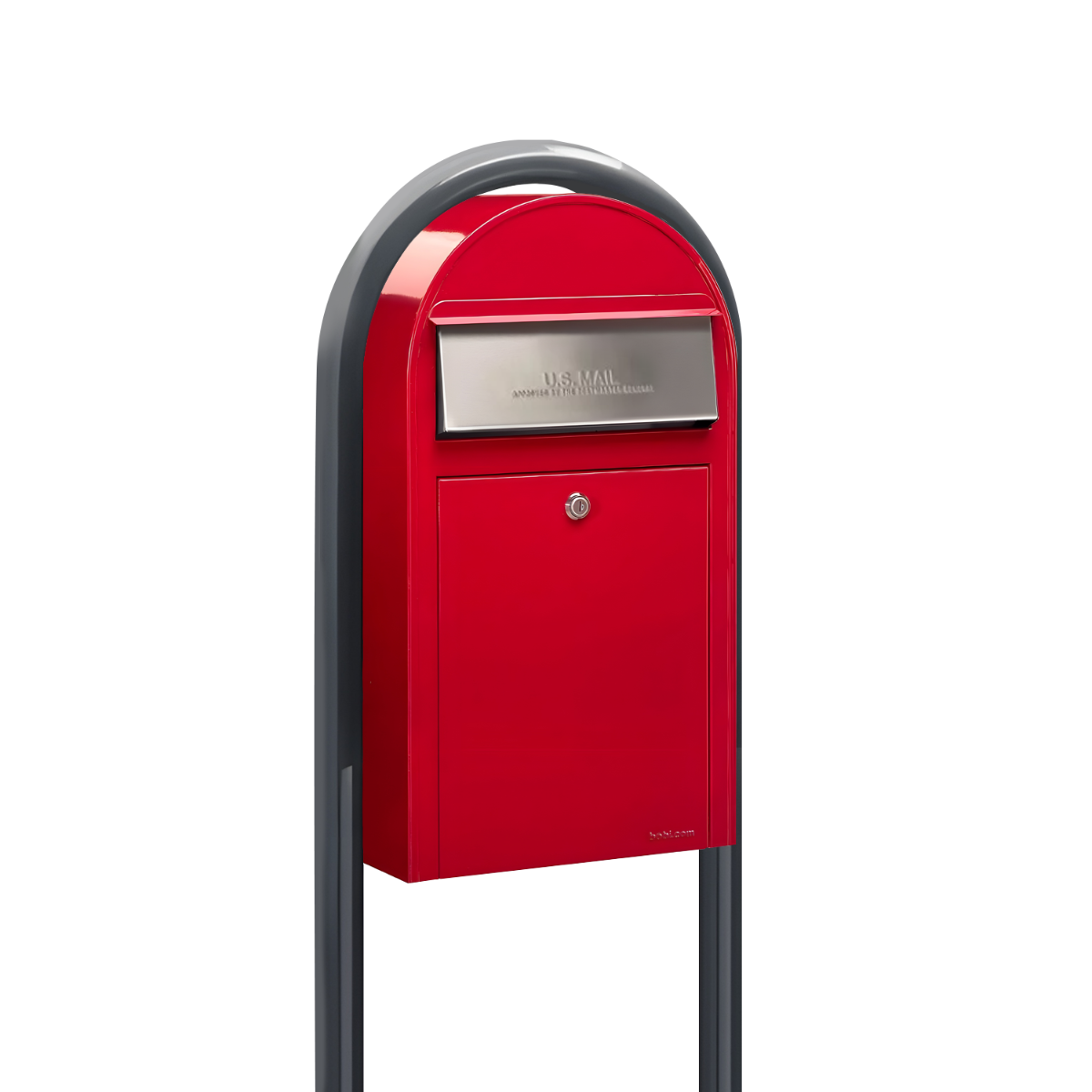 Bobi Grande Slim Front Access Red Mailbox with Stainless Steel Mail Slot and Round Grey Post Combo