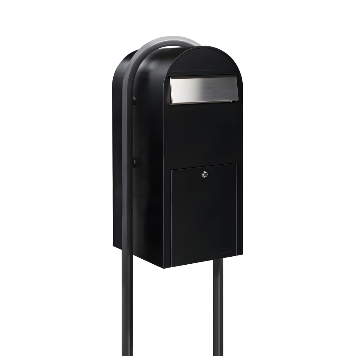 Bobi Jumbo Front Access Package Black Mailbox with Stainless Steel Mail Slot and Round Grey Post Combo
