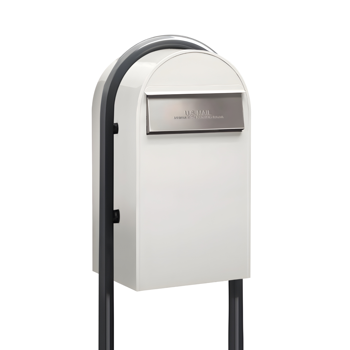 USPS Approved Bobi Grande B Rear Access Modern Locking White Mailbox with Round Grey Post Combo - Secure Small Parcel Delivery