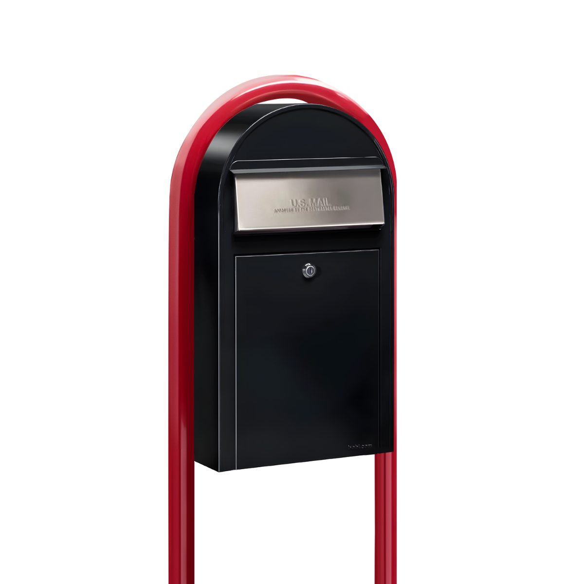 Bobi Grande Slim Front Access Black Mailbox with Stainless Steel Mail Slot and Round Red Post Combo