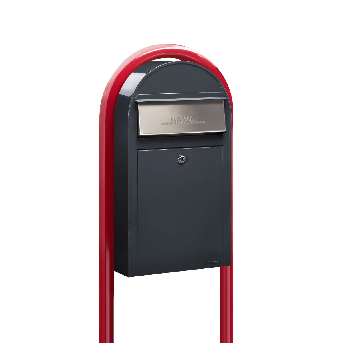 Bobi Grande Slim Front Access Grey Mailbox with Stainless Steel Mail Slot and Round Red Post Combo